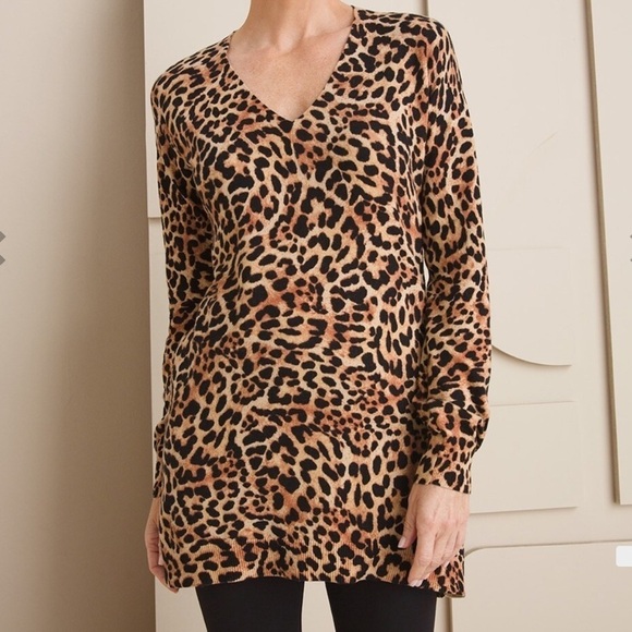 Chico’s Cotton - Cashmere-Blend‎ Animal-Print Tunic Sweater Sz 0 - Picture 1 of 10